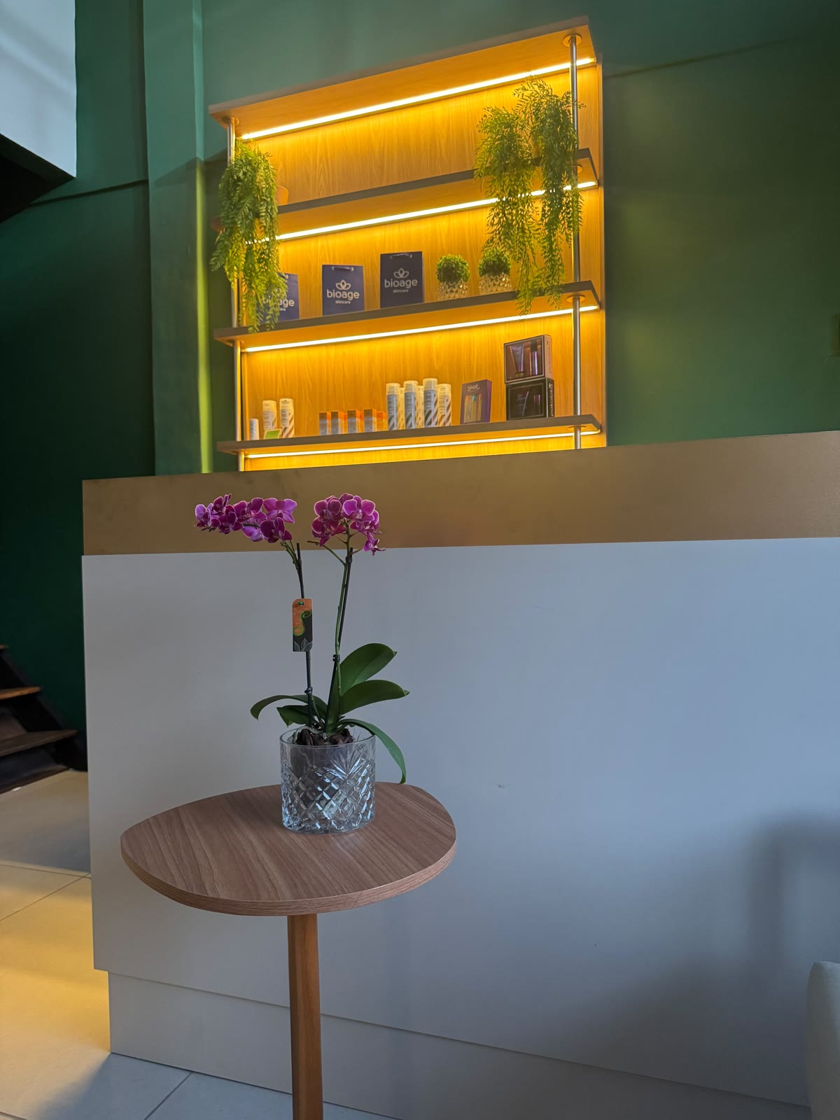 Vitrine iluminada de produtos de skincare na recepção da Áurea, em Resende